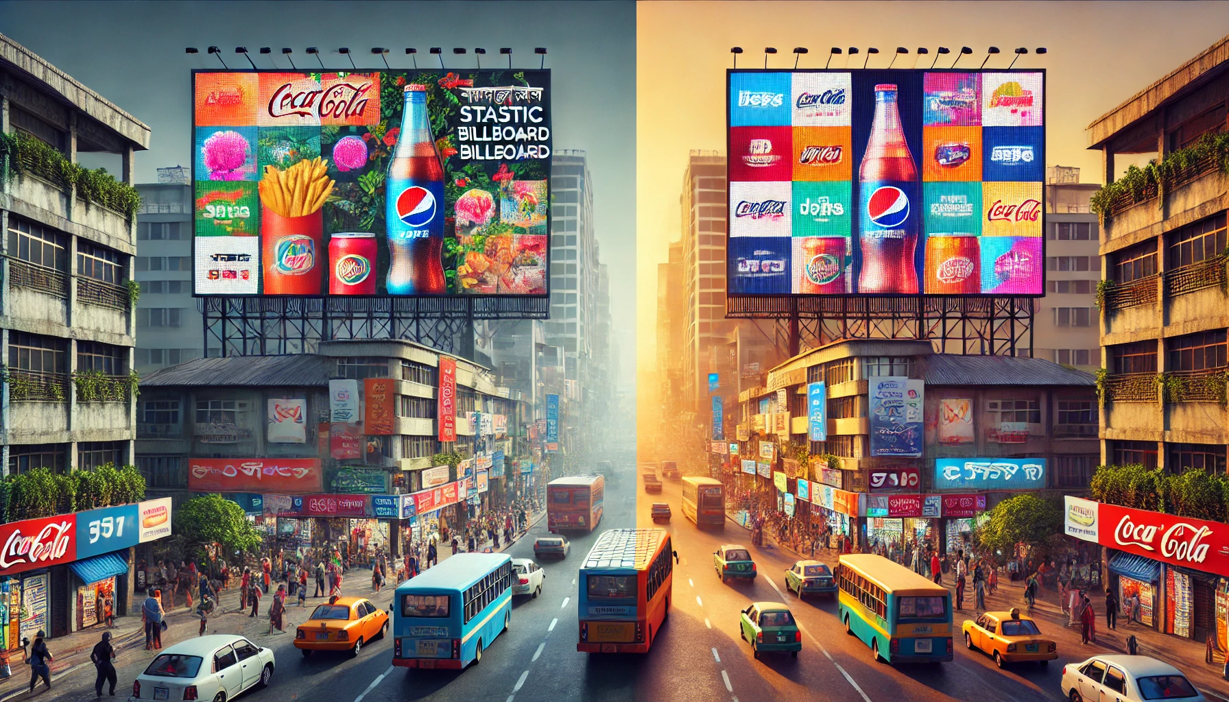 Comparison of traditional static billboard and digital LED billboard on a busy street in Dhaka, Bangladesh, showing differences in advertising format and display style."