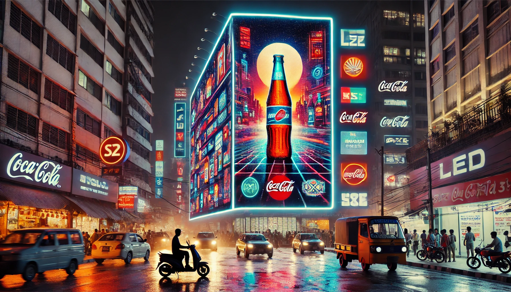 "Outdoor LED display at night in Dhaka, Bangladesh, featuring a colorful advertisement, bright lights, and reflections on nearby buildings and streets."